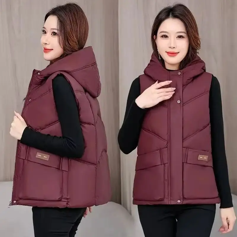 

Winter New Down Cotton Vest Women Thick Warm Fashion Hooded Elegant Casual All-match Sleeveless Parkas Waistcoat Ladies Coat