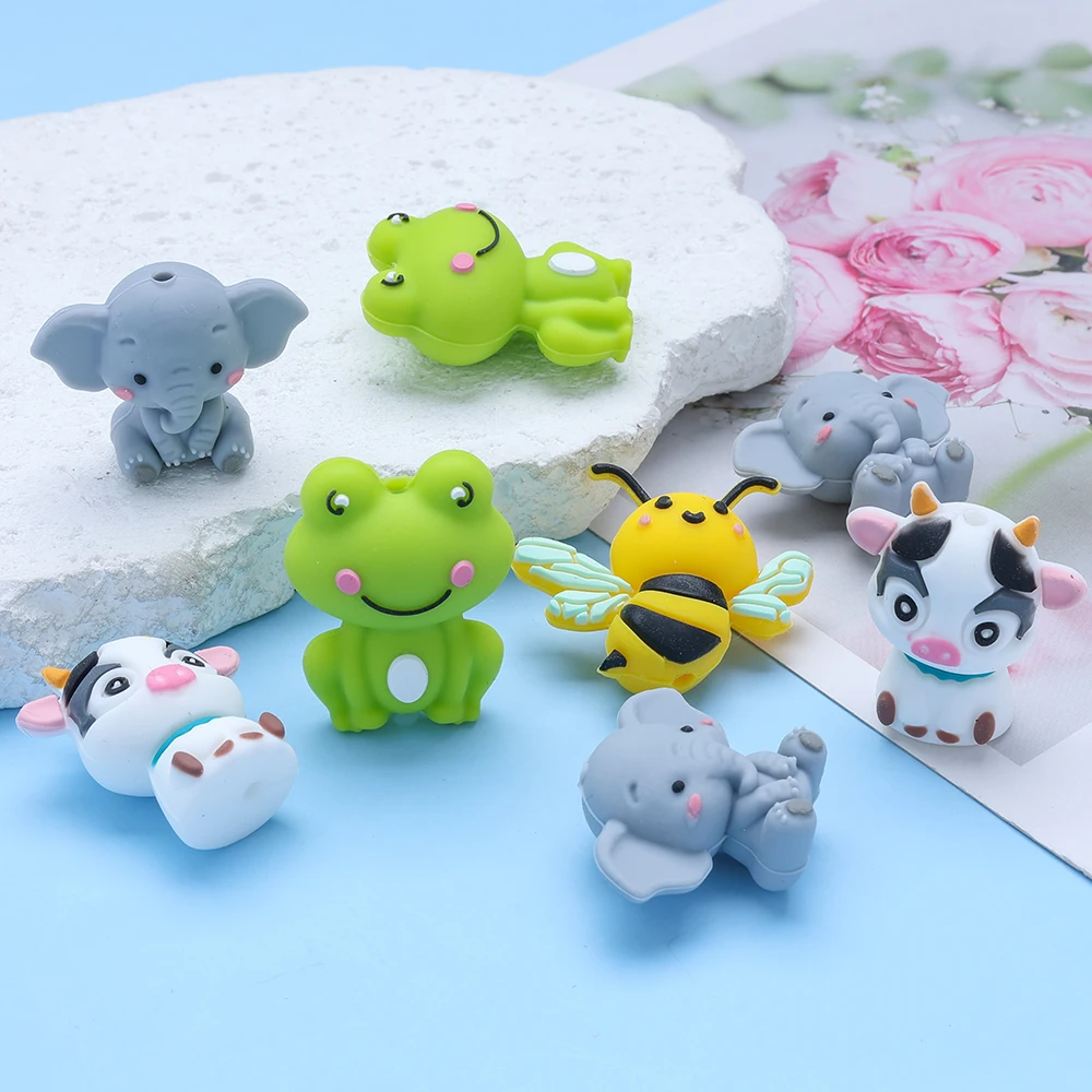 4Pcs 3D Animal Themed Silicone Beads Cow Elephant Frog Bee For DIY Baby Pacifier Chain Accessories Jewelry Making Accessories image 2