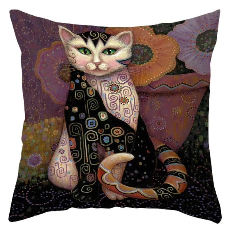 Hot Cartoon Cat Multicolors Oil Painting Pillows Case Ethnic Decorative Sofa Linen Cushions Case Modern Livingroom Throw Pillows