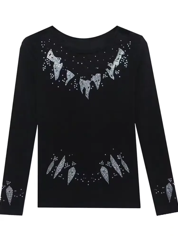 2024 New Arrival Elegant T-shirt Autumn Winter Woman M-3XL Long Sleeve V-neck High quality Velvet Charming Striped Hollow Out image 5