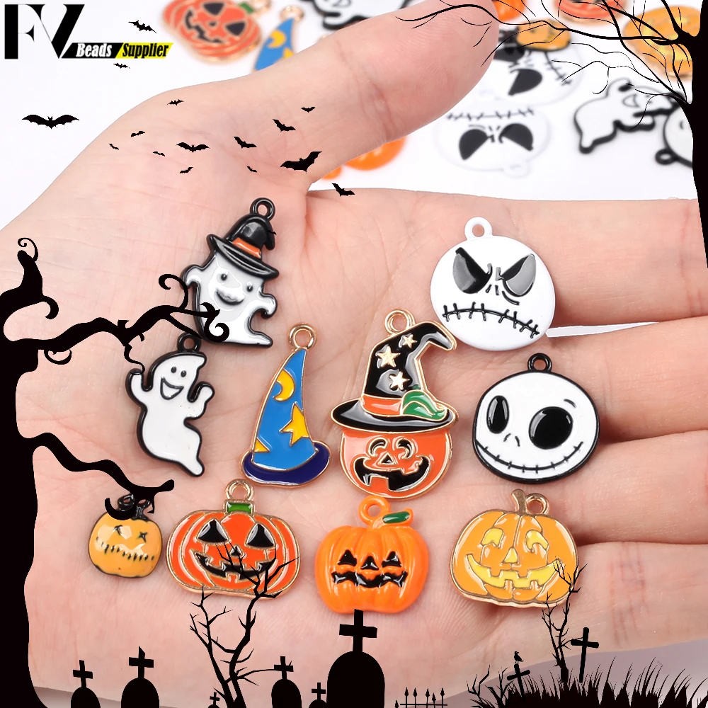 10pcs Enamel Halloween Alloy Charms Pumpkin Ghost Broom Enamel Charms Pendant For Jewelry Making DIY Bracelet Necklace Findings