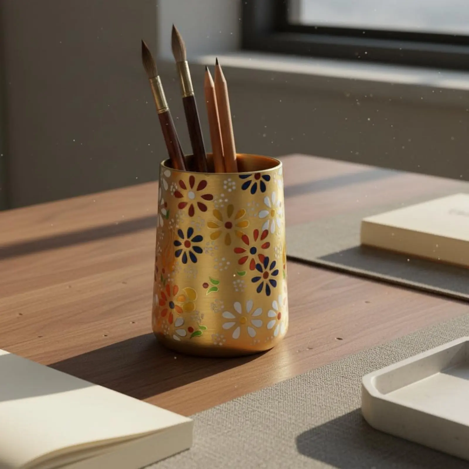 

Brass Pen Holder Polished Edges Metal Writing Utensil Holder Desk Accessory Compact Storage Jar Lidded for Calligraphers