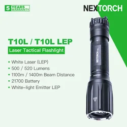 Nextorch T10L White Light LEP Tactical Flashlight, 500 Lumens 1100m Long Beam Throw 21700 Battery, Nano-Ceramic Window Breaker