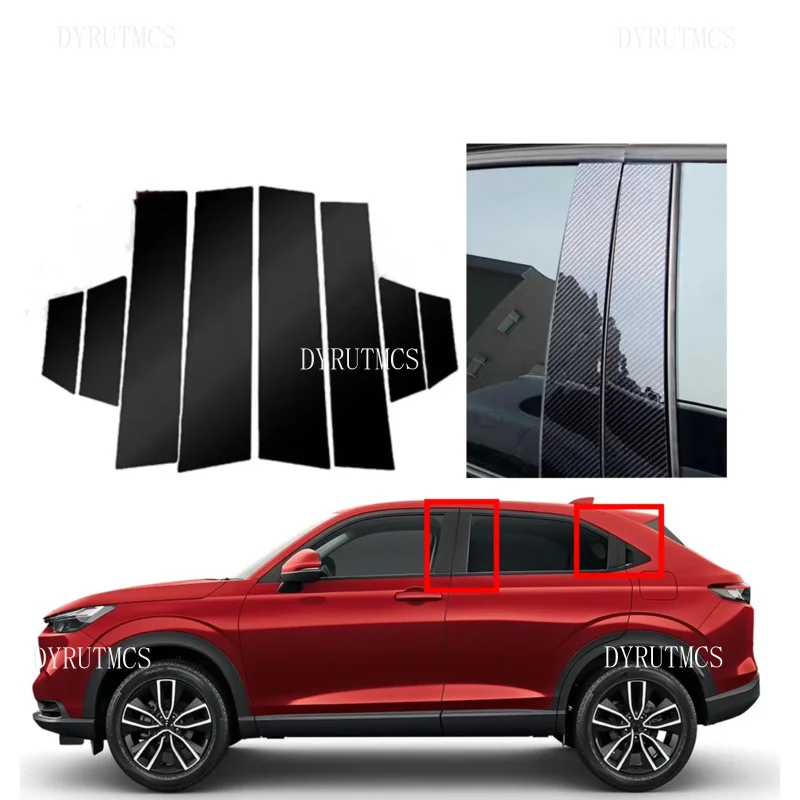 

8 шт. глянцевая черная, серебристая карбоновая стойка, подходит для Honda HRV Vezel 2022 2023 2024, накладка на дверную окно, колонка BC, наклейка на крышку