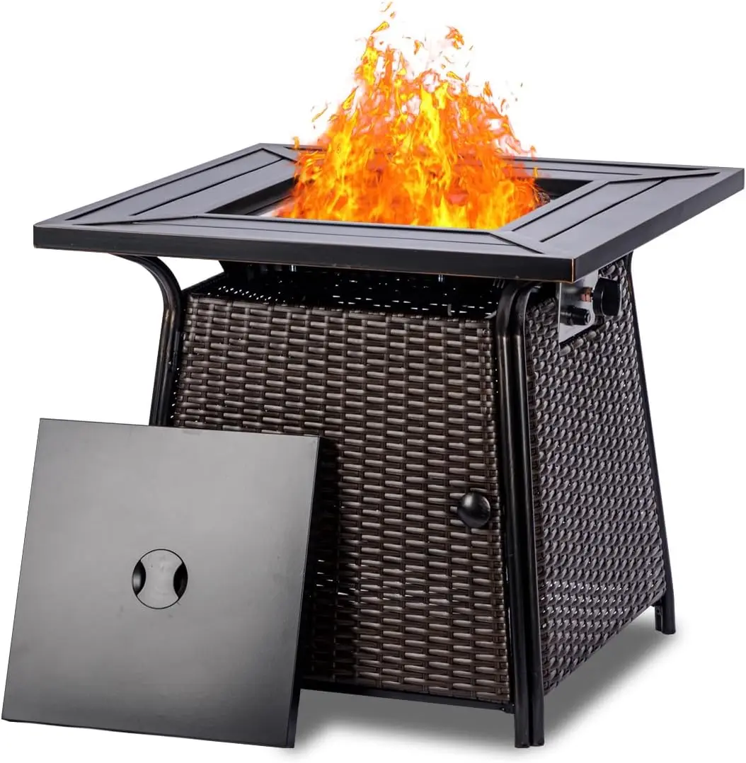 28 inch Wicker Propane Fire Pit Table,Gas Fire Pits Table for Outside,50000 BTU Propane Fire Pit with Lid &Lava Rocks,Gas for Ga