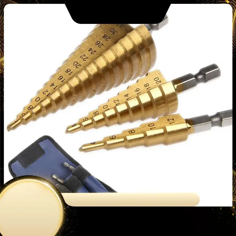 

3Pc Hss Step Cone Taper Drill Bit Set Hole Cutter Metric 4-12/20/32Mm 1/4 Inch Titanium Coated Metal Hex Bits-X40A