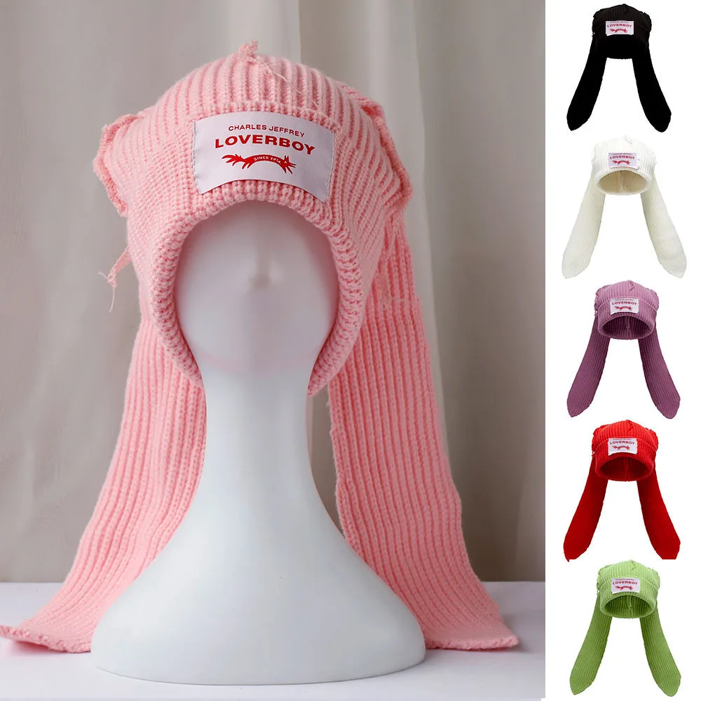 2025 new fashion Winter Skullies Cute Women pink Long Eared Rabbit Knitted Costume Beanie Hats  christmas Gift Hip-hop Cap