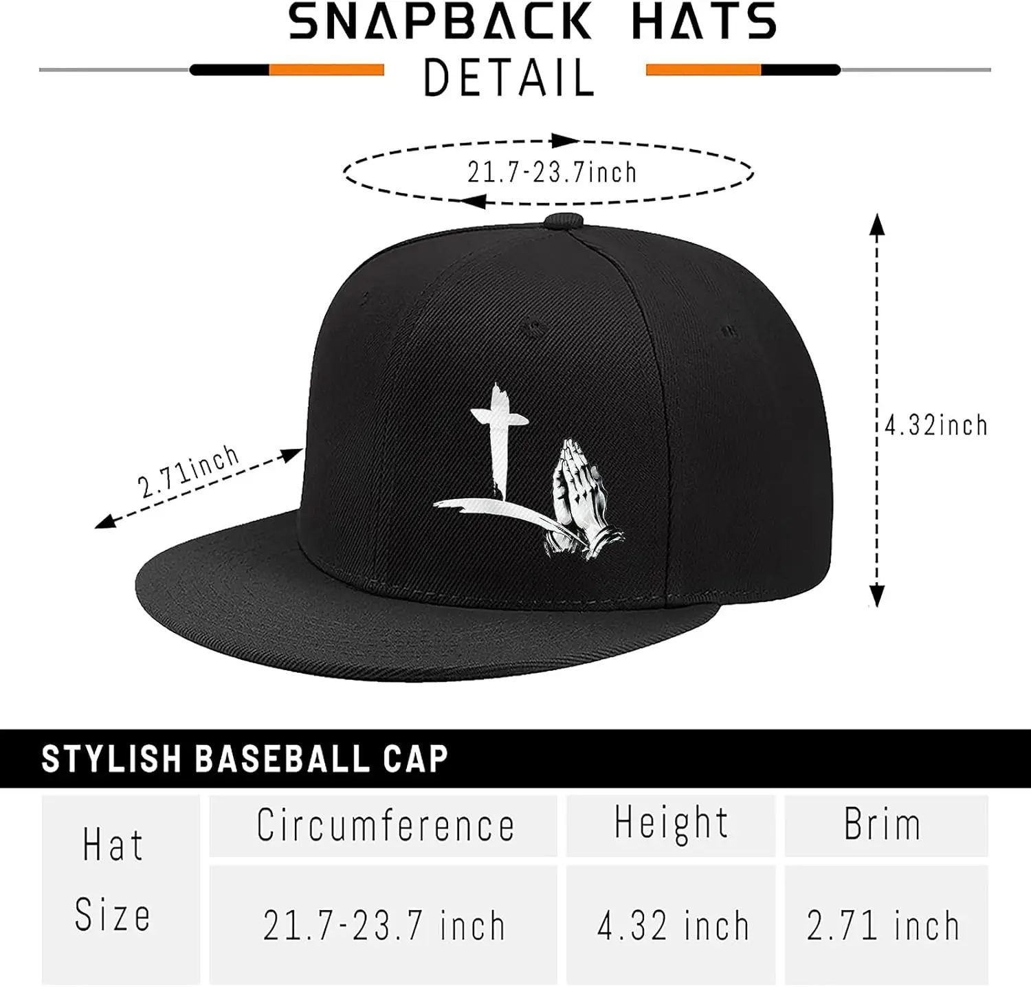 Christian Cross Praying Hands Snapback Baseball Cap Adjustable Flat Bill Unisex Black Hat