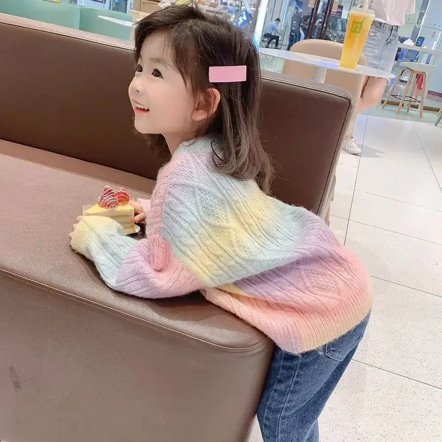 2022 New Girls' Autumn Clothes Rainbow Knitted Cardigan Children's Foreign Style Sweater Pullover Baby Knitted Sweater