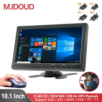 Mjdoud จอรถยนต์ HDMI 10.1นิ้วสำหรับ TV PC หน้าจอแสดงผล VGA พร้อม USB เครื่องเล่นมัลติมีเดีย Sub สำหรับระบบความปลอดภัยในบ้าน