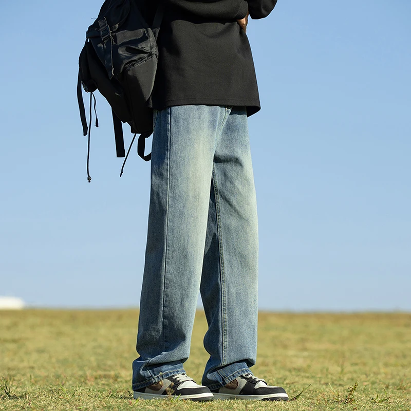 Men's Pockets Spring Autumn Button High Waist Zipper Gradient Solid Denim Wide Leg Casual Loose Work Trousers Vintage Pants