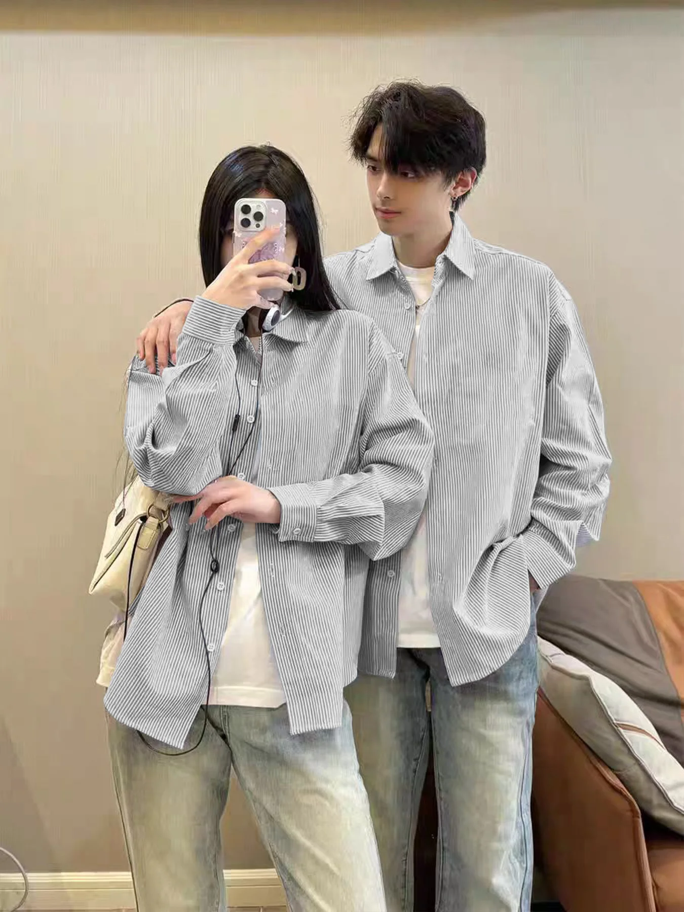 

American vintage couple outfits spring and autumn long-sleeve shirt, unisex casual shirt with a trendy design