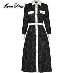 MoaaYina Autumn Fashion Designer Black Vintage Jacquard Dress Women's Lapel Long Sleeve Single Breasted Sashes Slim Long Dresses