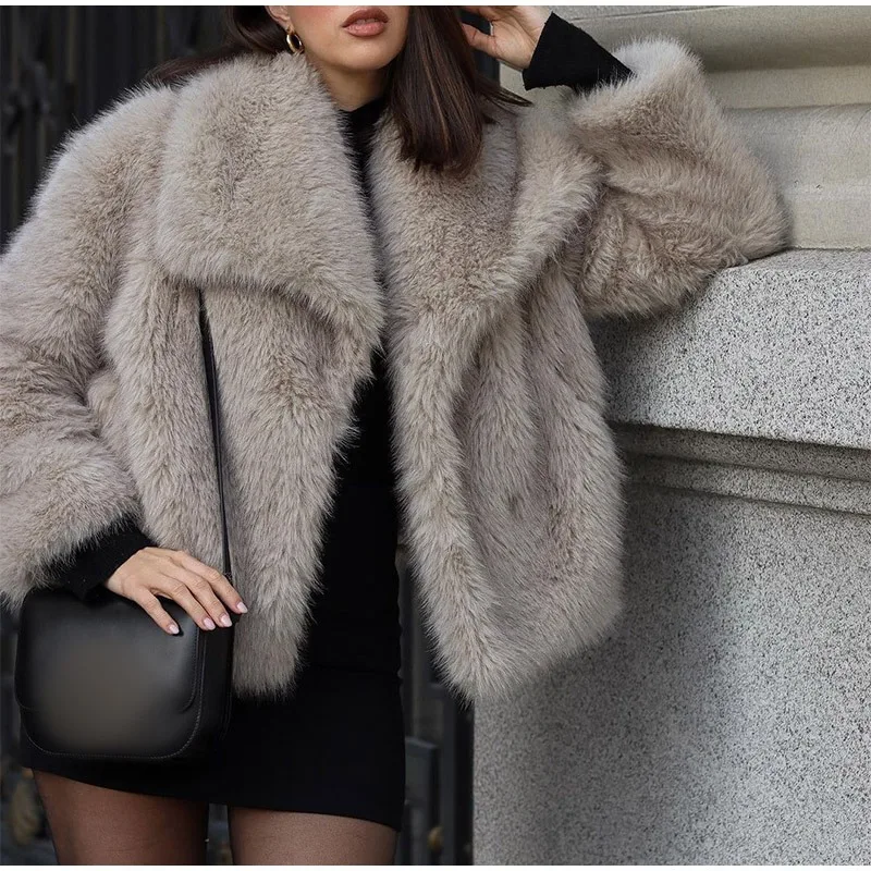 2024 Women Fashion Cropped Faux Fur Jacket Coat Long Sleeve Front Snap-button Female Outerwear Chic Lapel Collar Thick Coat