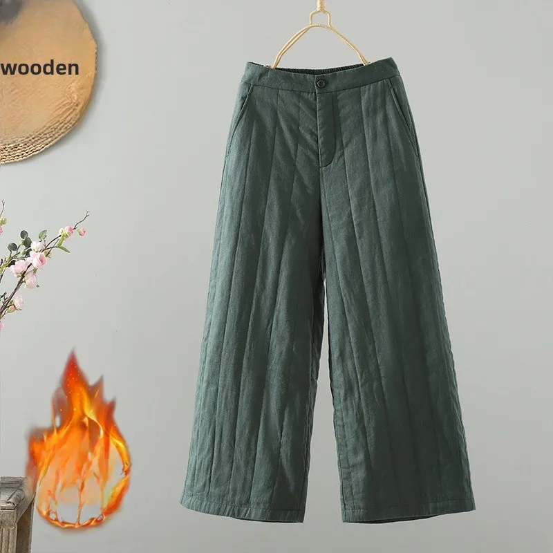 Thiened リネン ワイドレッグパンツ レディース ロングパンツ ゴムウエスト ゆったり カジュアル コットン ダウンジャケット インナー 取り外し不可