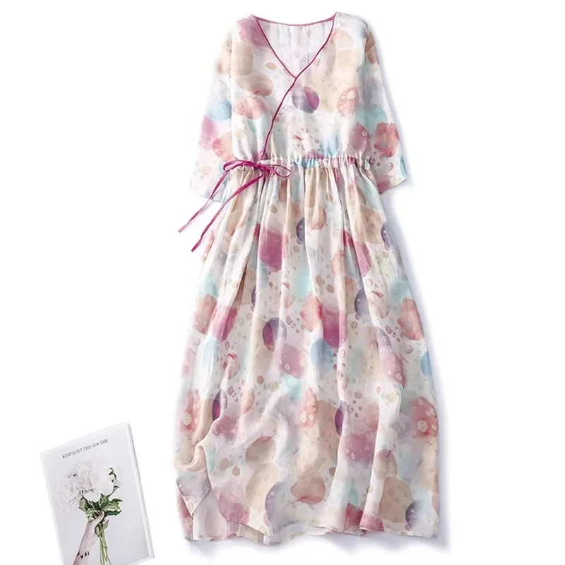 

Pop Multicolor Women Dresses New Summer V-Neck Short Sleeve Drawstring Floral Party Dresses Large Swing Midi Dress Sundress