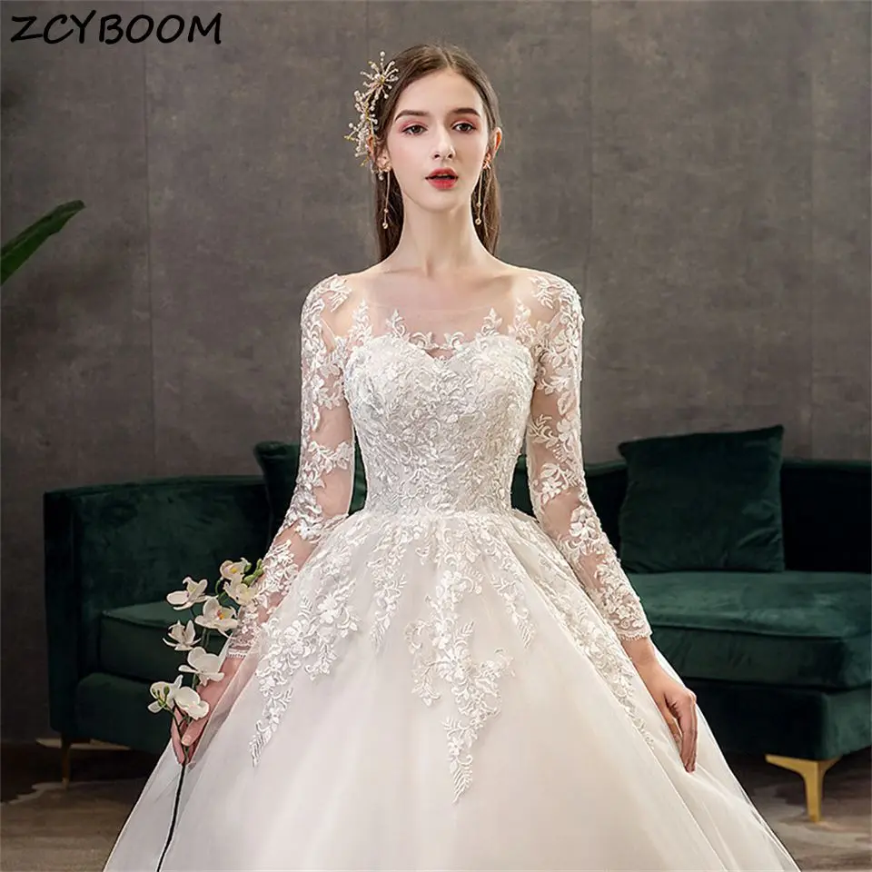 

Elegant Tulle O-Neck Appliques Illusion Wedding Dresses For Women 2024 Ball Gowns Chapel Train Bridal Gown Vestidos De Novia