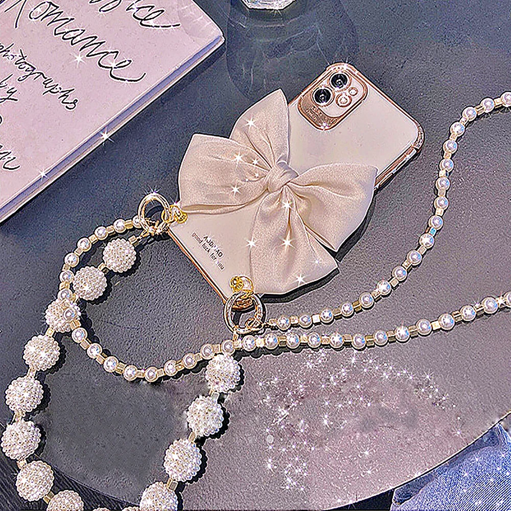 Pearl Necklace Short Chain Phone Case Long Lanyard 3D Bow Soft Cover for iPhone 14 13 12 11 Pro Max X XR XS 7 8 Plus Fashion