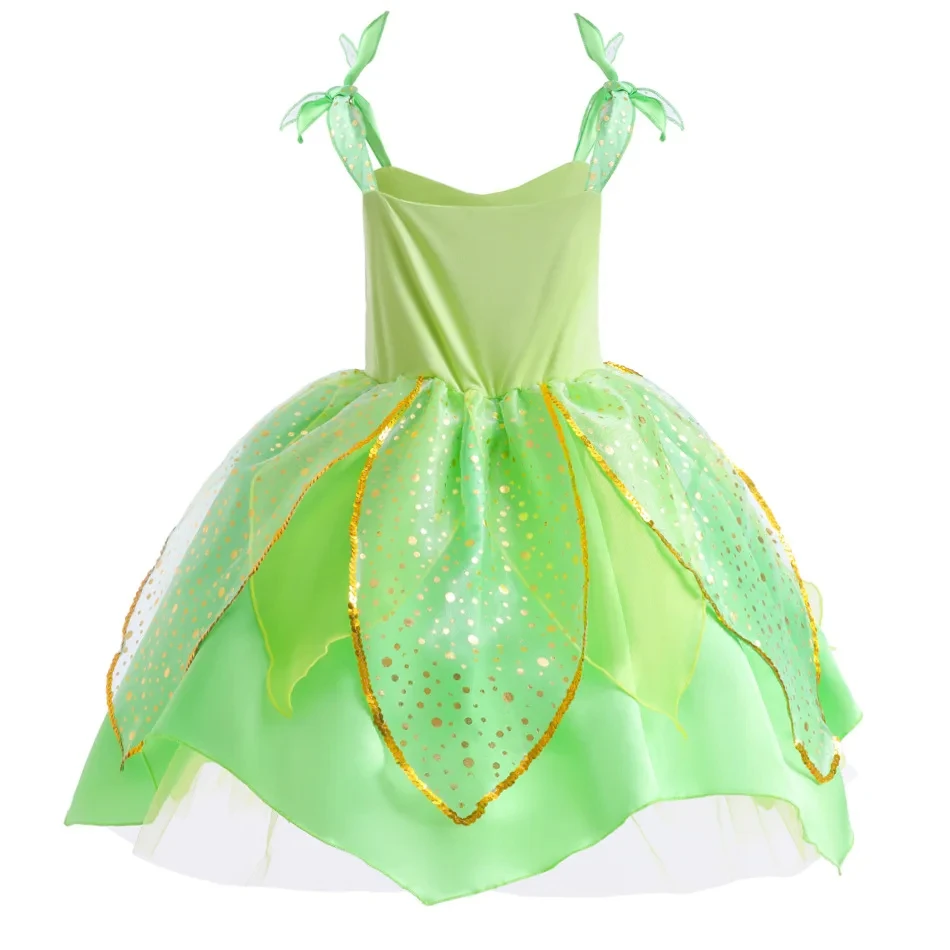 Tinker Bell Tutu Dress Baby Girl Fantasy Cosplay Fairy Costume Kids Green Leaf Glitter Gowns Child Halloween Outfits