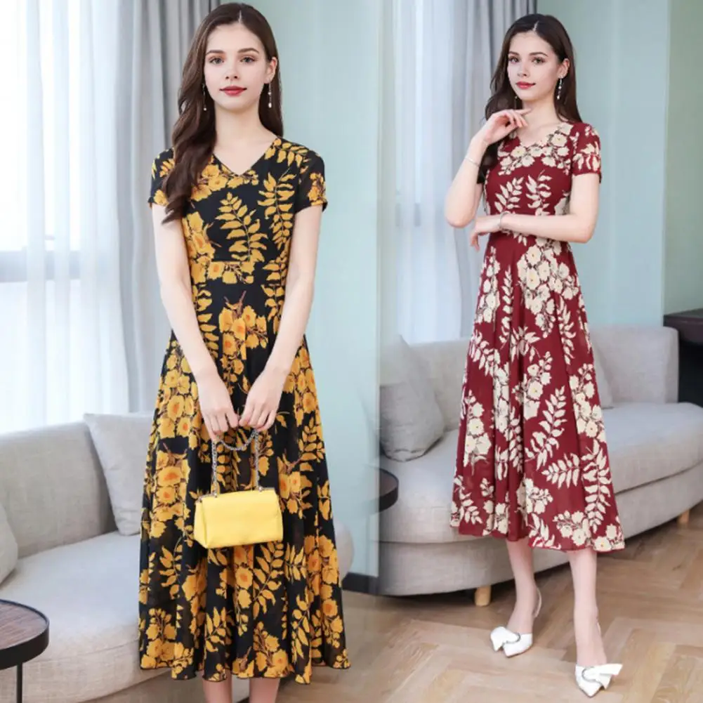 Leaf Printed Women Midi Dress V-Neck Short Sleeve Waist Tight Office Ladies Dress Casual Spring Summer Short Sleeved Loose Dress