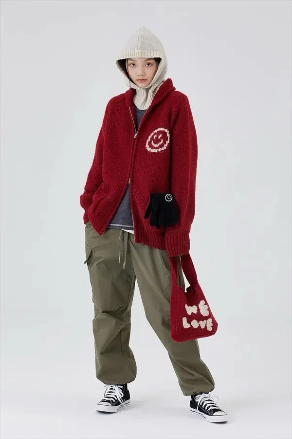 

Cute Smiling Face Letter Knitted Handbag oulder Bag 4 Colors Small Size Geometric Pattern Daily Use Handheld Bag