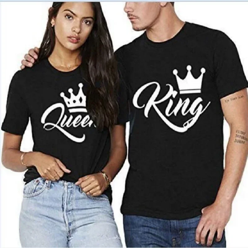 King Queen Couples T Shirt Crown Printing Couple Clothes Summer Women Man T-shirt Casual O-neck Loose Lovers Tee Shirt Tops