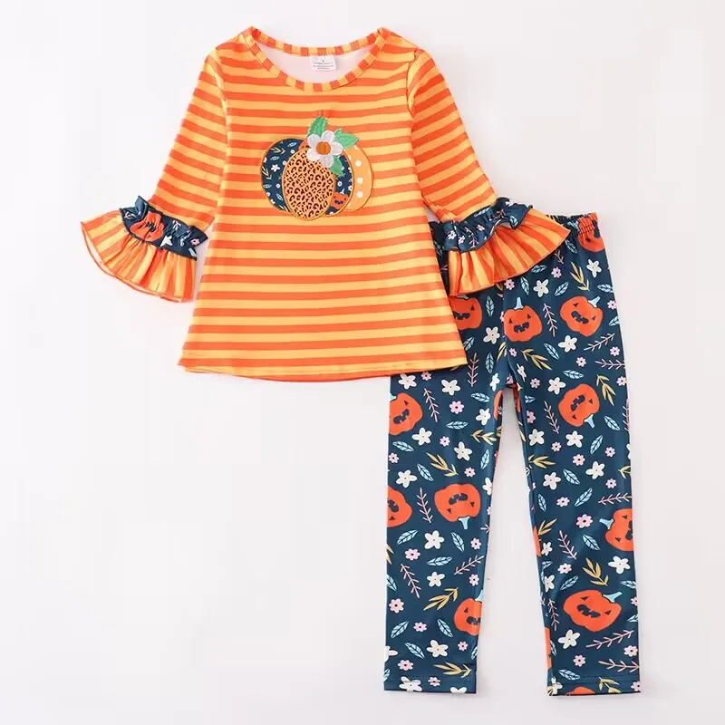 

Fall Halloween Baby girls Children's Milk Silk Flower Farm pumpkin Print Long sleeve long Halloween pantsuit