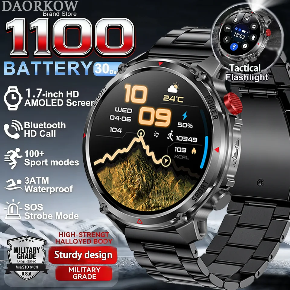 

Новинка 2026: Модный люксовый смарт-браслет с аккумулятором 1100 мАч, HD-экраном 1,7 дюйма, компасом, беспроводными звонками, фонариком и 100+ режимами для активного отдыха