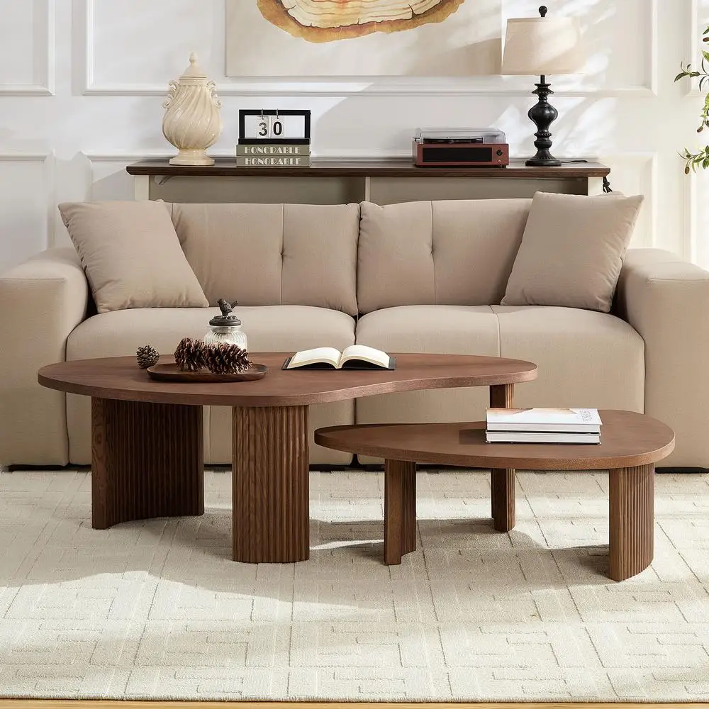 

2-Piece Nesting Coffee Tables Walnut Irregular Shape Living Room End Side Tables Easy Assembly Modern