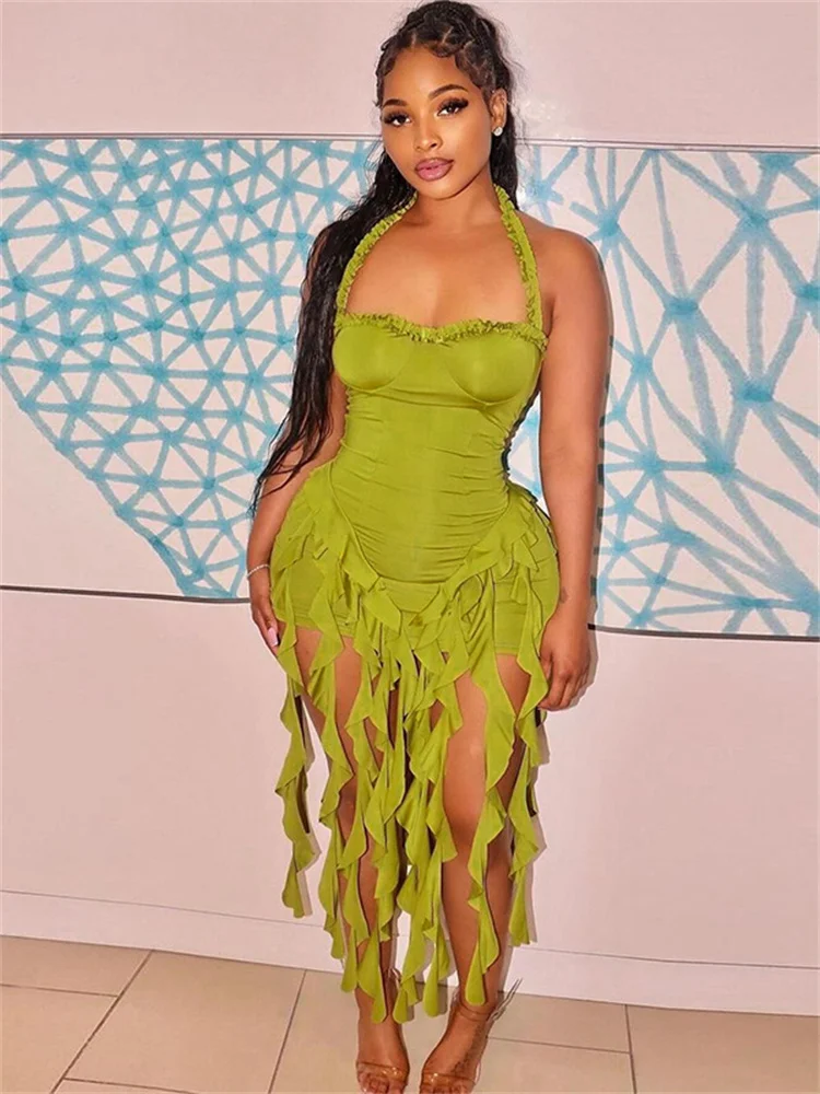 Ladies Summer Ruffle Fashion Evening Birthday Party Dress Women Sleeveless Backless Halter Mini Dresses Woman Clothes Clubwear