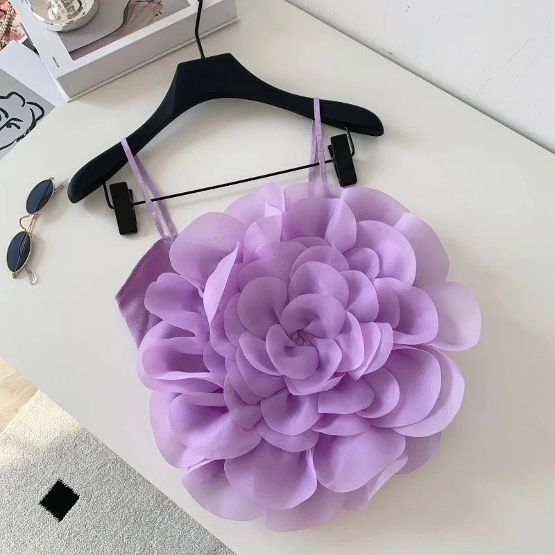 3D Floral Vacation Camis Female Strap Appliques Elastic Hotsweet Mini Top French Ruched Solid Beach Sexy Tank Top