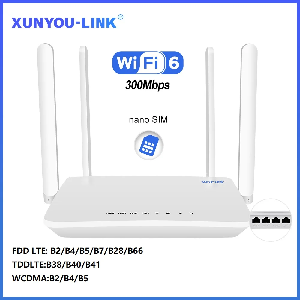 XUNYOU-LINK WiFi 6 Modem 4G LTE WIFI Router 300 Mbps Hoge snelheid Ondersteuning 32 apparaatverbinding Draadloze hotspot 4G SIM Wifi Router