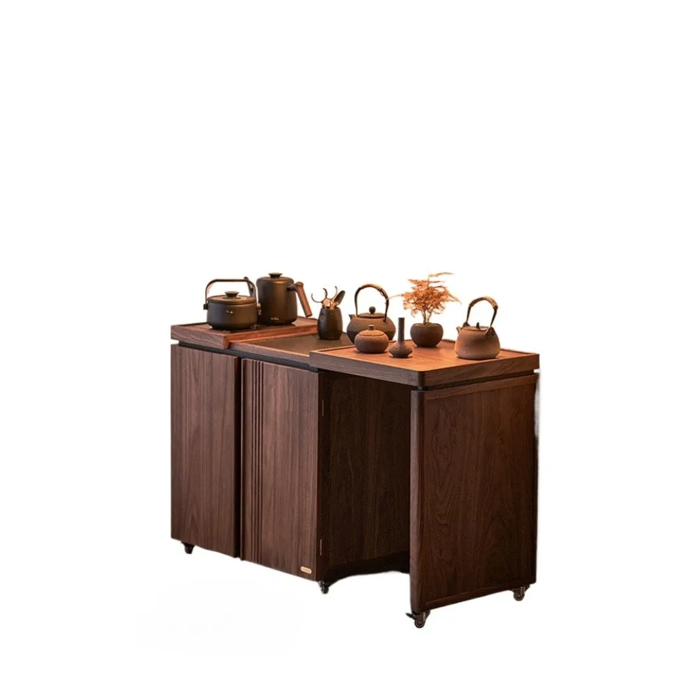 

Solid wood retractable tea cabinet movable and extended tea table black walnut tea table