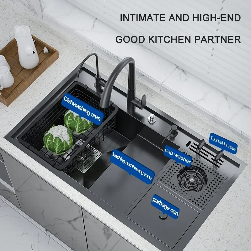 Cup Washer Sink Large Single-slot Kitchen Manual Ladder Wash Basin Multi-functional High And Low Trash Can With Knife Holde