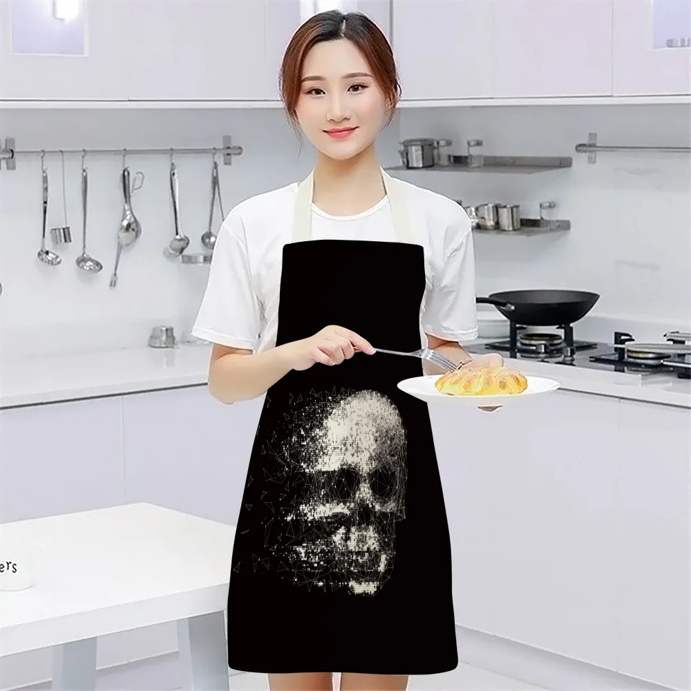 Black Background And White Skull Print Pattern Apron Sci-Fi Style Sleeveless Apron Fashion Party Apron Halloween Dress Up Apron