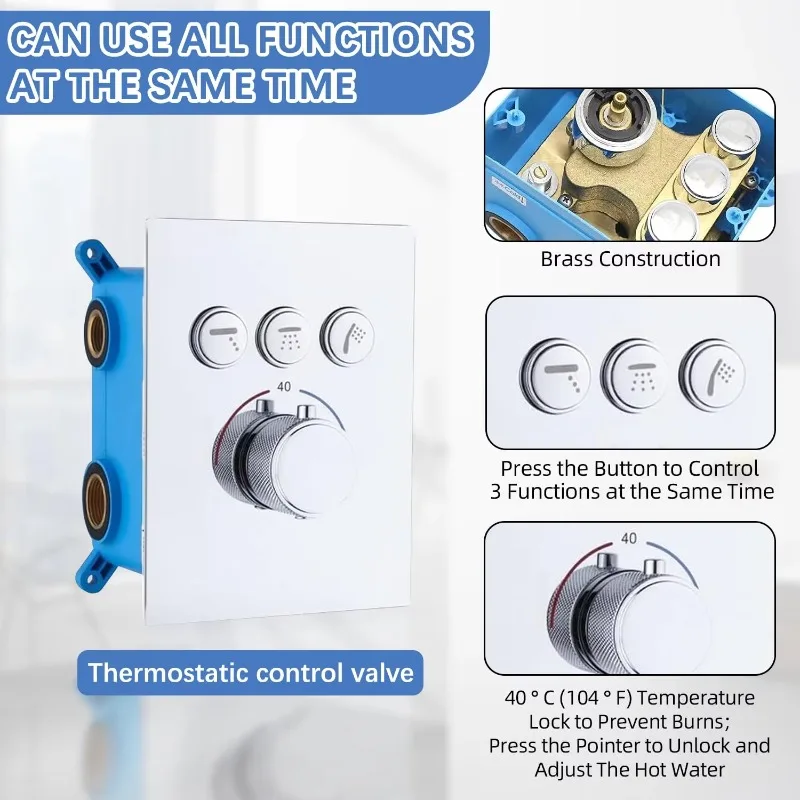 Light Emitting Diode Rain Thermostatic Shower System Chrome Rain Shower Head and Faucet Set