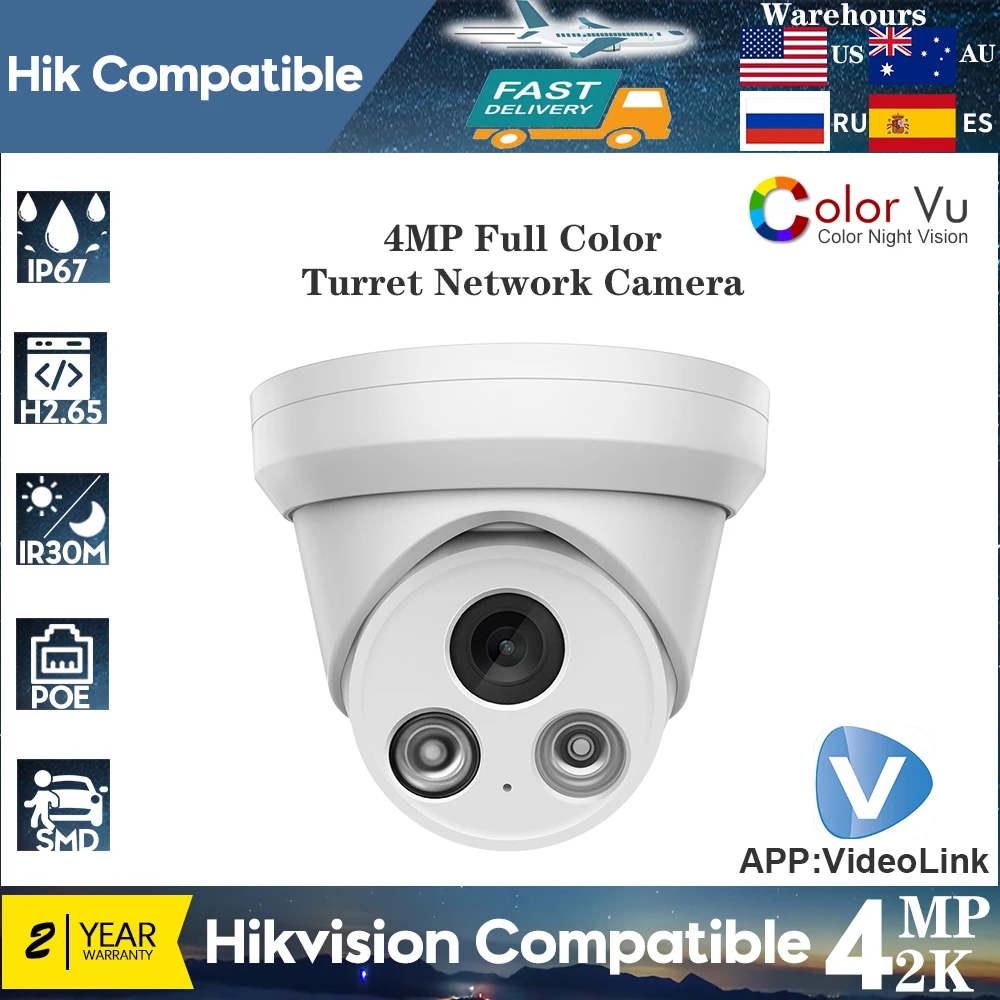 Hikvision Compatible 4MP Full Color Turret Network Camera 24/7 vivid colorful Built-in Microphone Motion detection POE IP Camera