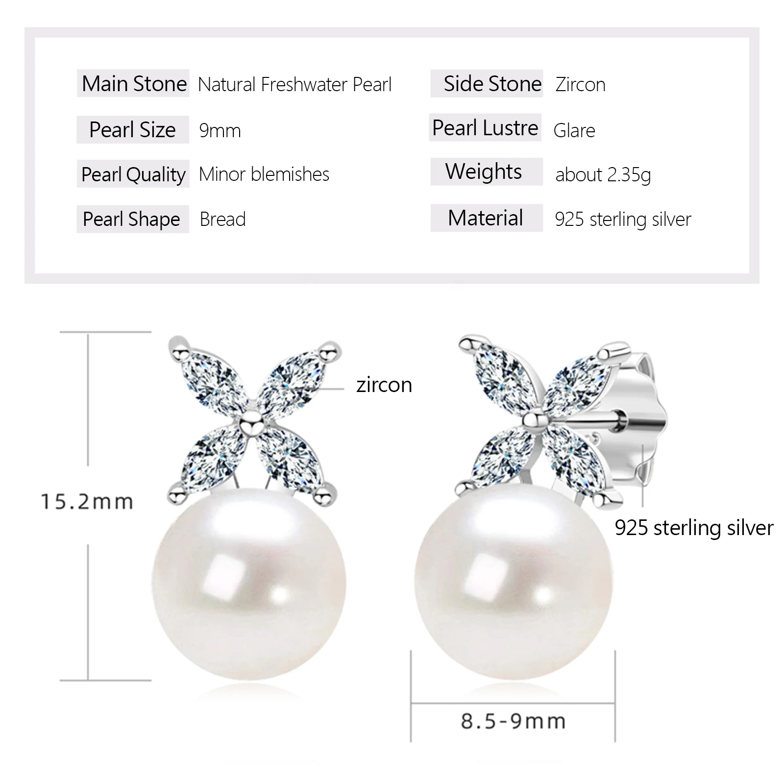 Real 925 Sterling Silver 9mm Natural Freshwater Bread Pearl Drop Stud Earrings for Women Four-leaf Clover Cubic Zirconia Earring