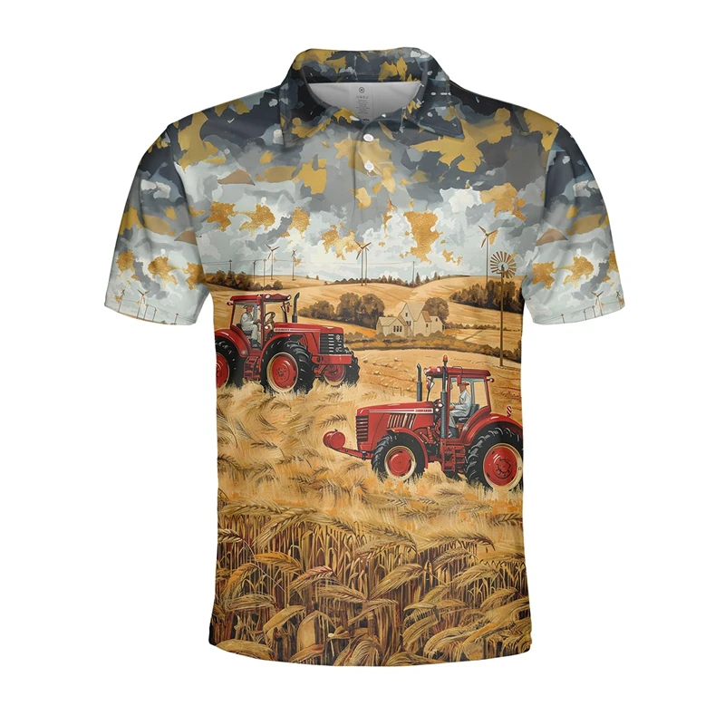 Tractor Farm 3D Print Hawaiian Polo Shirts For Men Clothes Casual Farmhouse Lapel Blouse Farmers Bumper Harvest Wheat POLO Shirt