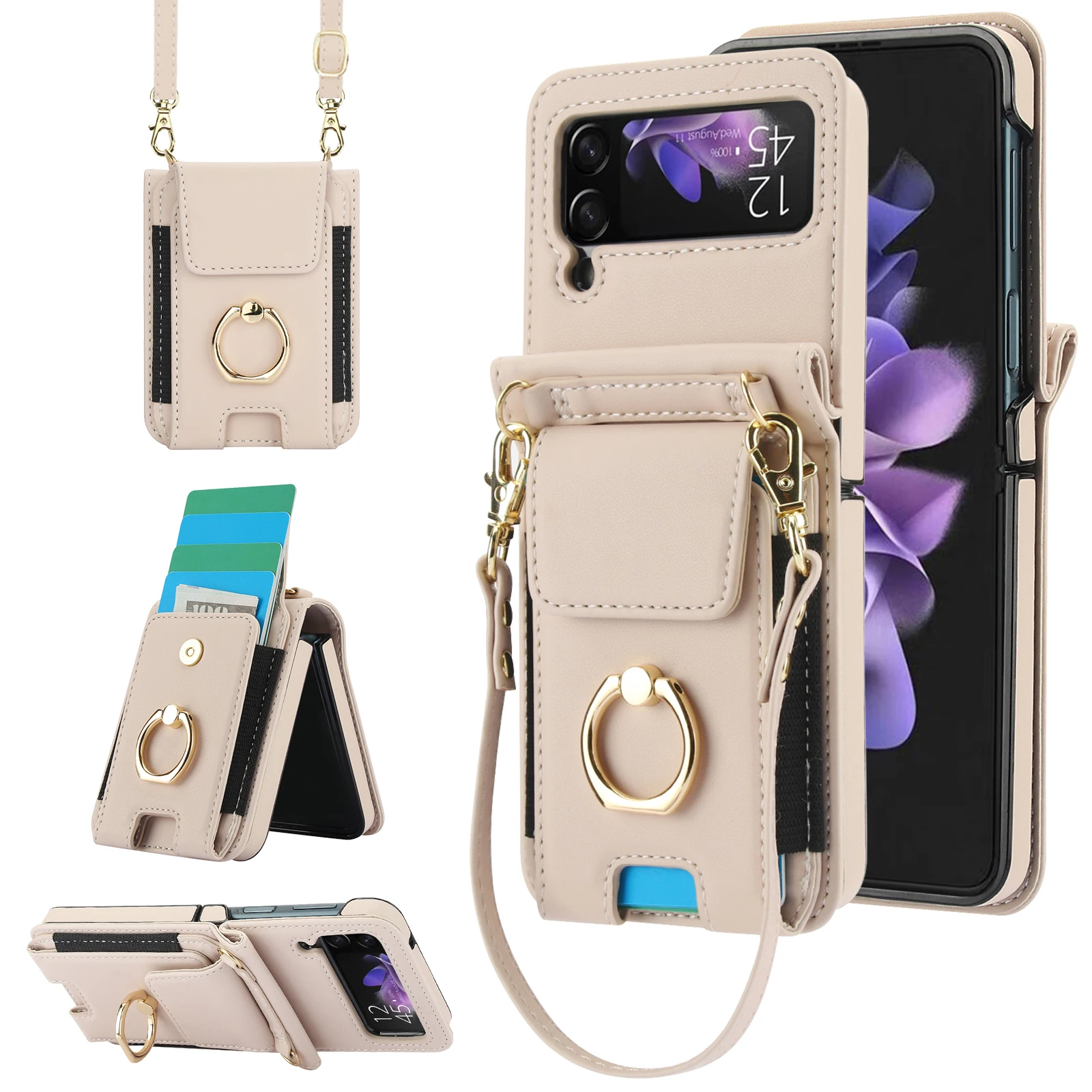 Lanyard Elastic Vertical Card Solt Leather Ring Holder Case For Samsung Galaxy Z Flip 6 5 4 3 5G Flip6 Flip5 Bag Crossbody Cover