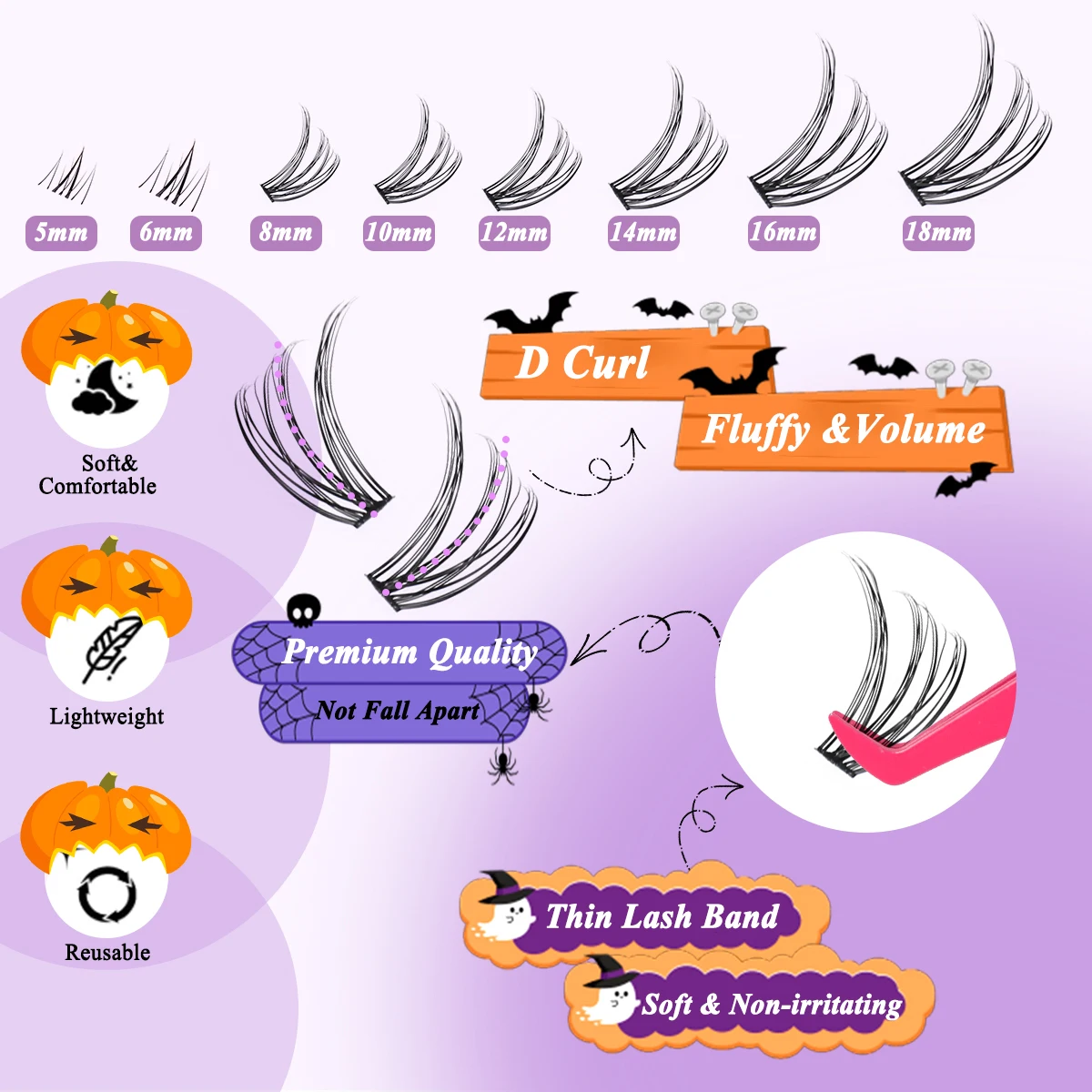 ขนตาปลอม DIY แบบกลุ่ม ขนตาปลอมแบบเส้นต่อเส้น 5-18 มม. ขนตาปลอมธรรมชาติ ต่อขนตาแบบกลุ่ม ของขวัญขนตาสำหรับฮาโลวีน
