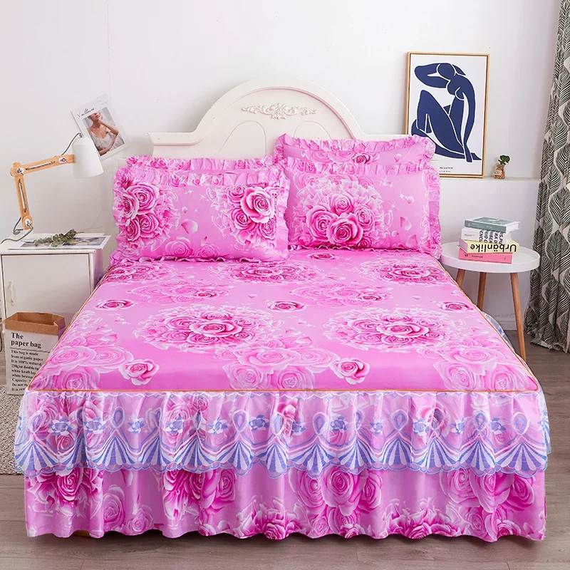 Romantic Pink Rose Floral Bed Skirt Wrap Around Bedding Skirt Gathered Dust Ruffle Bedskirt Set with 2 Matching Pillow Covers