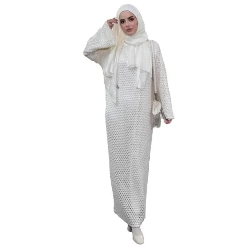 Novo vestido feminino vazado kaftan oriente médio abaya robe manga comprida solto maxi vestido flowy chiffon para outono praia
