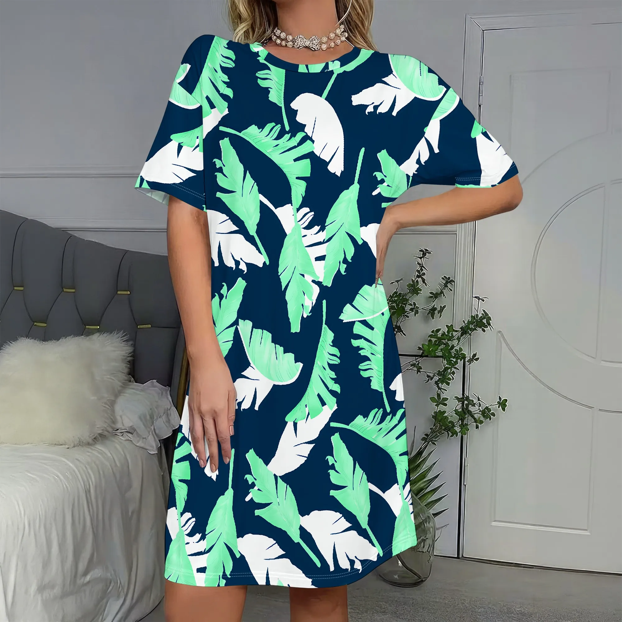 

Tropical Leaf Print, Short Sleeve Dress, Navy Blue Shift Dress, Summer Beach Cover Up, Casual Vacation Tunic, S-2XL