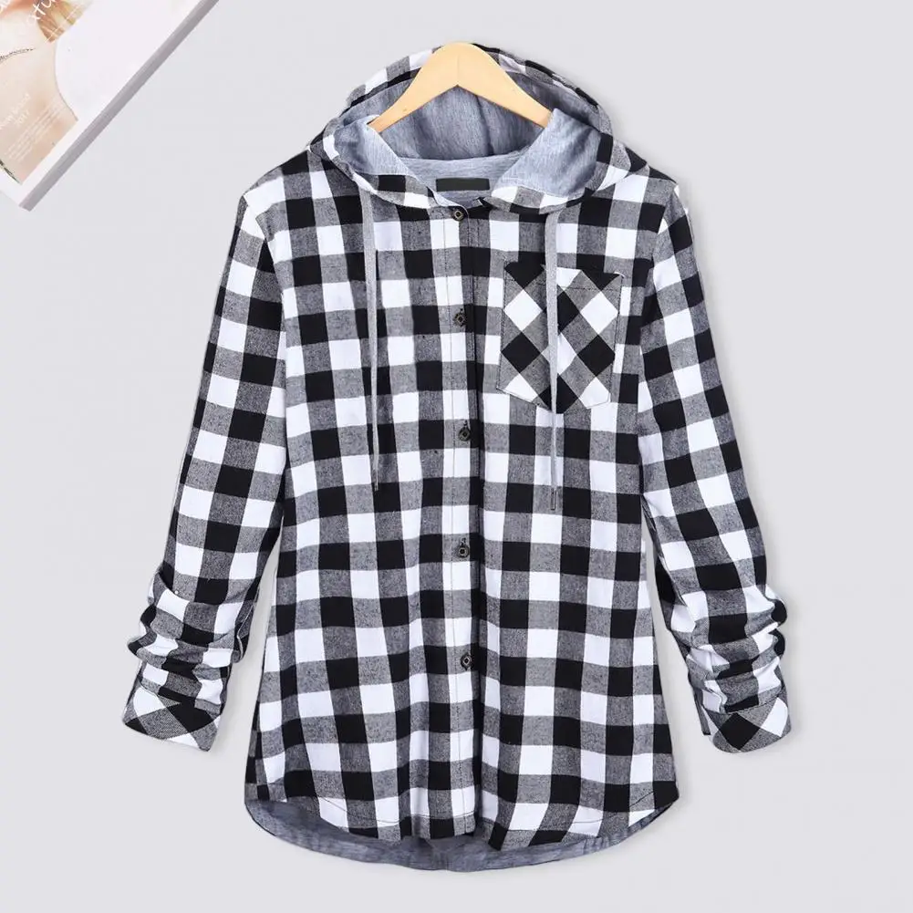 Plaid Printed Jacket Stylish Plaid Print Hooded Coat For Women Drawstring Cardigan With Chest Pocket Long Sleeve For Autumn