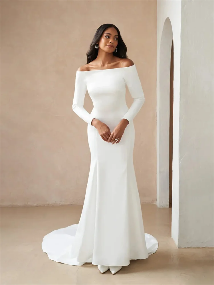 

Hot Selling Off Shoulder Neckline Long Sleeves Wedding Dress Elegant Back Button Floor Length Cathedral Train Gown For Bride