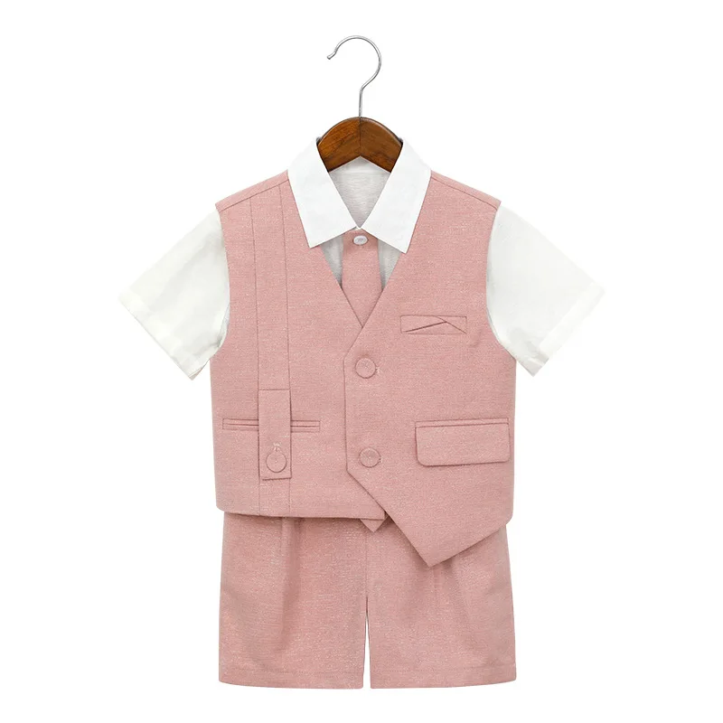 Boys Short Sleeve Vest Suit Set 4Pcs Summer Formal Tuxedo Outfit for Kids Toddlers Wedding Birthday Party Photo Shoot 2-12 Years