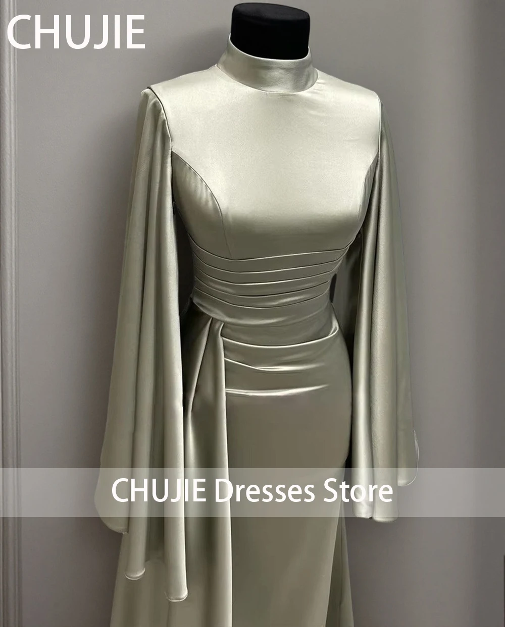 Helle olivfarbene Abendkleider mit Rüschenärmeln für Damen, Seidensatin, seitliche Schleppe, Hochzeitskleid, Partykleider, individuelle Arabien