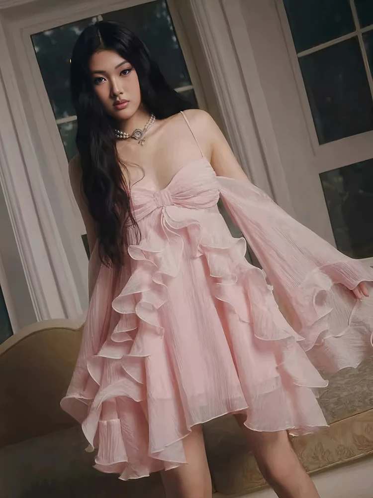 

Sexy Off The Shoulder Ruffles Long Sleeves Mini Dress Women Pink Spaghetti Straps Ruffled A-line Dresses Party Evening Gowns