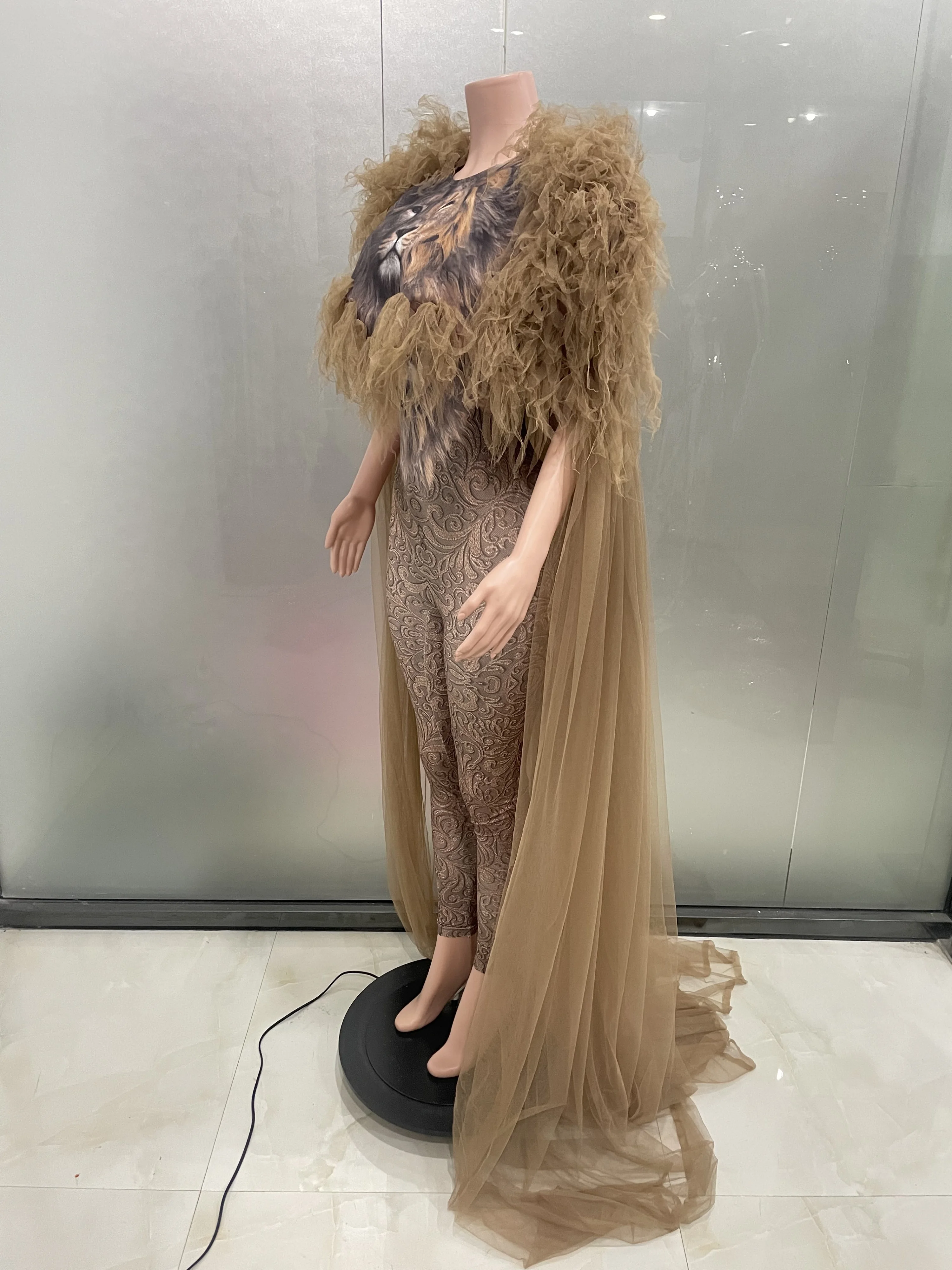 Sexy Lion king Jumpsuit Cloak Women female stage dance wear Long Tail DJ Nightclub Evening Outfit Birthday Celebrate Dresses